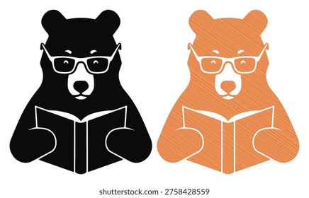 Smart bear character wearing spectacles reading book, education and learning concept art