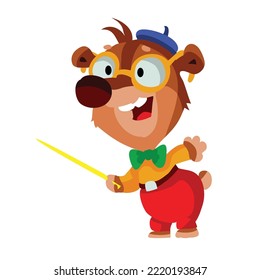 a smart bear in glasses and a beret holds a pointer in its paws, cartoon illustration, isolated object on a white background, vector, eps