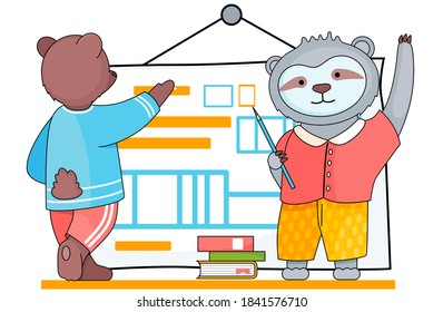 Smart bear schoolboy with chalk in hand is writing on a blackboard. Funny cartoon animal student. A sloth pupil with pen in hand is standing near the poster. Back to school concept, education theme