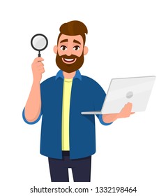 Smart Bearded Young Man Showing/holding Magnifying Glass And Laptop Computer In Hand. Search, Find, Discovery, Analyze, Inspect, Investigation Concept Illustration In Vector Cartoon Flat Style.