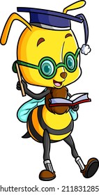 The smart bee is studying with a book and holding pencil of illustration