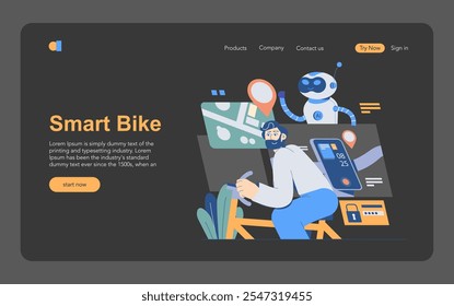 Concepto de bicicleta inteligente. Un hombre interactúa con una bicicleta estática de alta tecnología monitoreada por un robot de IA. Ciclismo, fitness, tecnología innovadora y seguimiento de la salud. Ilustración vectorial.