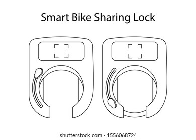 Smart bike sharing lock. Set of open unlocked and closed lock in the form of a horseshoe for electric scooters and bicycles for rent and exchange. On white background vector illustration outline.