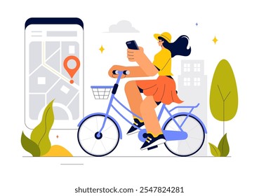 Smart Bike Vector Illustration featuring a Navigation App with a Map, Location Pin, and Tracking Mobile Applications Concept in a Flat Background
