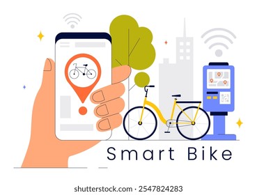 Smart Bike Vector Illustration featuring a Navigation App with a Map, Location Pin, and Tracking Mobile Applications Concept in a Flat Background
