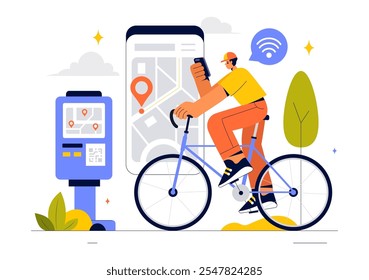 Smart Bike Vector Illustration featuring a Navigation App with a Map, Location Pin, and Tracking Mobile Applications Concept in a Flat Background
