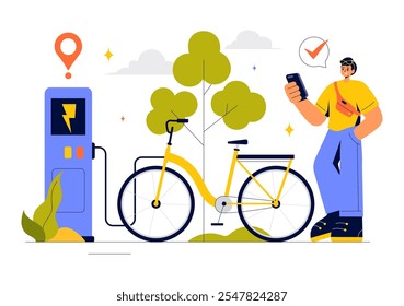 Smart Bike Vector Illustration featuring a Navigation App with a Map, Location Pin, and Tracking Mobile Applications Concept in a Flat Background
