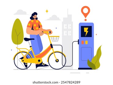 Smart Bike Vector Illustration featuring a Navigation App with a Map, Location Pin, and Tracking Mobile Applications Concept in a Flat Background
