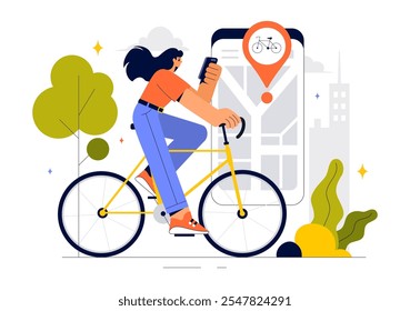 Smart Bike Vector Illustration featuring a Navigation App with a Map, Location Pin, and Tracking Mobile Applications Concept in a Flat Background
