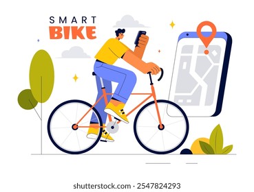 Smart Bike Vector Illustration featuring a Navigation App with a Map, Location Pin, and Tracking Mobile Applications Concept in a Flat Background
