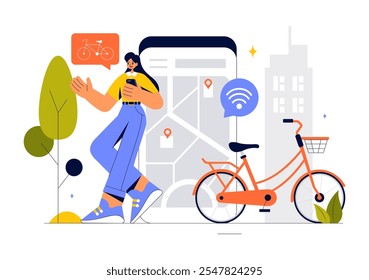 Smart Bike Vector Illustration featuring a Navigation App with a Map, Location Pin, and Tracking Mobile Applications Concept in a Flat Background
