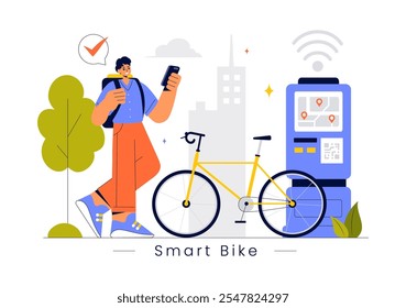 Smart Bike Vector Illustration featuring a Navigation App with a Map, Location Pin, and Tracking Mobile Applications Concept in a Flat Background
