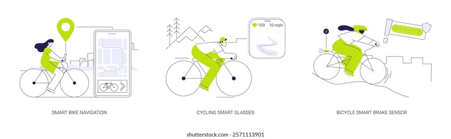 Smart biking abstract concept vector illustration set. Smart bike navigation, athlete riding bike in cycling glasses, bicycle brake sensor, modern personal vehicle technology abstract metaphor.