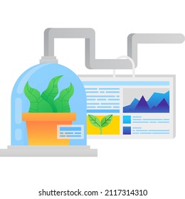 Smart biology laboratory flat vector icon isolated on white background. Plant seedling under glass hood. Digital application for growth control