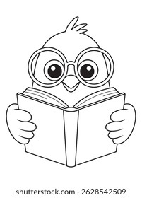 Smart Bird with Glasses Reading a Book – Educational Line Art