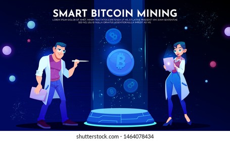 Smart bitcoin mining landing page, couple of scientists in white robes holding tablet watch on cryptocurrency on ski-fi podium, neon glowing futuristic background. Cartoon vector illustration, banner