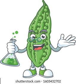Smart bitter melon cartoon character holding glass tube