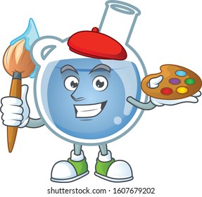 Smart blue potion painter mascot icon with brush