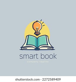 Smart book logo template with light bulb and open book - vector illustration. cartoon flat style