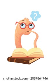 Smart bookworm. Cartoon book worm in glasses read with question, vector isolated on white background