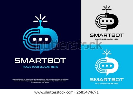 Smart Bot logo design. Features a robot head combined with a chat bubble and circuit elements. Represents AI, chatbots, and virtual assistance. Great for a tech company or customer support app.