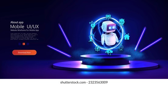 A smart smart bot on the podium processes information. Cute neon cartoon robot. AI Content Generator. Chatbot technology, isometric. AI chat bot based on artificial intelligence and neural networks. 