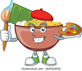 Smart bowl of noodle painter mascot icon with brush