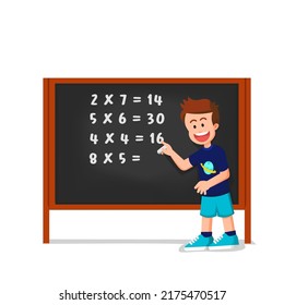 A Smart Boy Answers Some Math Addition Problems On The Blackboard