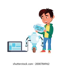 smart boy assemble and programming robot in garage cartoon vector. smart boy assemble and programming robot in garage character. isolated flat cartoon illustration
