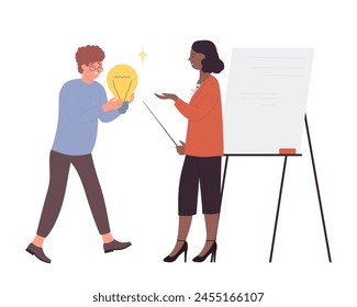 Smart boy carrying light bulb to teacher at board, student creative idea vector illustration