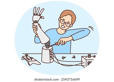 Smart boy child in glasses construct robotic arm in laboratory. Clever smiling kid developing robot in science lab. Hobby and technology. Vector illustration.