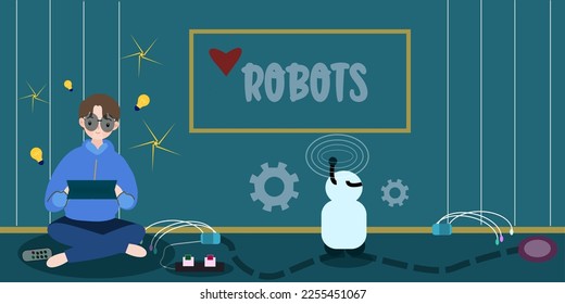 A smart boy commanding a Robot. Robotic club. Invention illustration Flat art.