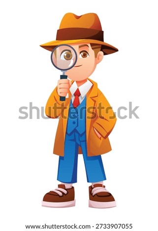 Smart boy detective looking through a large magnifying glass to find clues. Vector cartoon character illustration