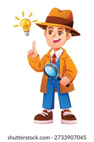 Smart boy detective wearing a hat and coat pointing at a bright idea light bulb. Vector cartoon character illustration