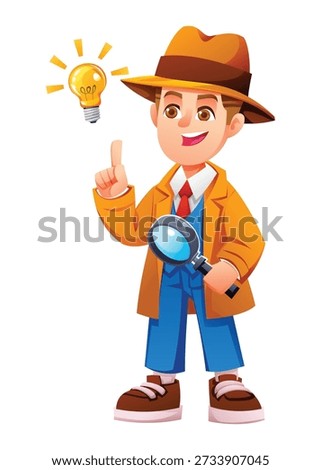 Smart boy detective wearing a hat and coat pointing at a bright idea light bulb. Vector cartoon character illustration