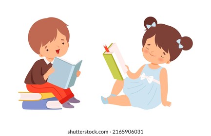 Smart boy and girl reading story books and enjoying of literature cartoon vector illustration