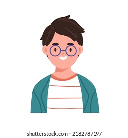 Smart boy in glasses, head portrait. Cute school kid face. Child in eyeglasses. Smiling schoolboy, little student. Schoolchild in eyewear. Flat vector illustration isolated on white background