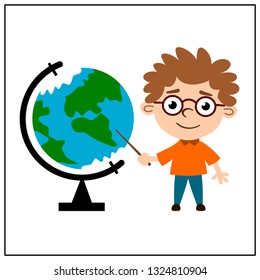 A smart boy in glasses stands next to the globe and points at him with a pointer, isolated on white background.