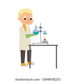 Smart Boy in Laboratory Coat Conducting Chemical Experiments in Glass Flask Vector Illustration
