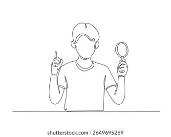 Smart boy Magnifying Glass draw in single outline illustration. Continuous line art drawing of curious Boy Holding a Magnifying Glass.
