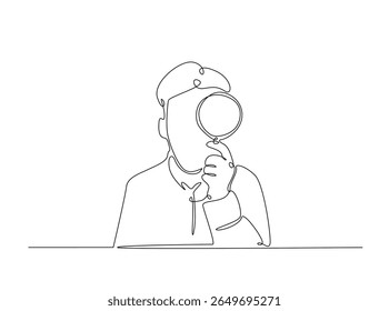 Smart boy Magnifying Glass draw in single outline illustration. Continuous line art drawing of curious Boy Holding a Magnifying Glass.