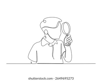 Smart boy Magnifying Glass draw in single outline illustration. Continuous line art drawing of curious Boy Holding a Magnifying Glass.