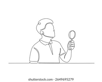 Smart boy Magnifying Glass draw in single outline illustration. Continuous line art drawing of curious Boy Holding a Magnifying Glass.