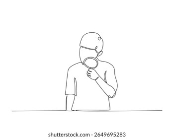 Smart boy Magnifying Glass draw in single outline illustration. Continuous line art drawing of curious Boy Holding a Magnifying Glass.