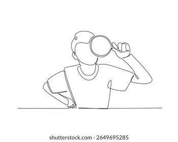 Smart boy Magnifying Glass draw in single outline illustration. Continuous line art drawing of curious Boy Holding a Magnifying Glass.