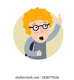 Smart boy point finger up. Nerd glasses with book. Explanation and training. Education at school. Children drawing. Ginger kid. Hand gesture. Flat cartoon