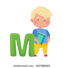 Smart Boy Pupil Holding ABC Book and Standing Near Big Alphabet Letter M Vector Illustration