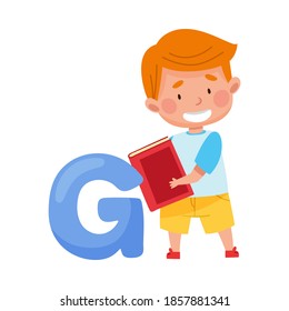 Smart Boy Pupil Holding ABC Book and Standing Near Big Alphabet Letter G Vector Illustration