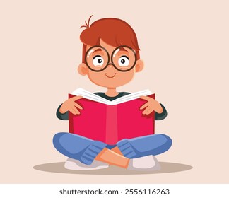 
Smart Boy Reading Children Literature Vector Cartoon Illustration. Happy relaxed little reader holding a novel for her age 
