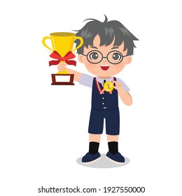 Un chico inteligente con uniforme escolar posan con trofeo y medalla de oro. Material didáctico de vídeo. Diseño de vector plano aislado